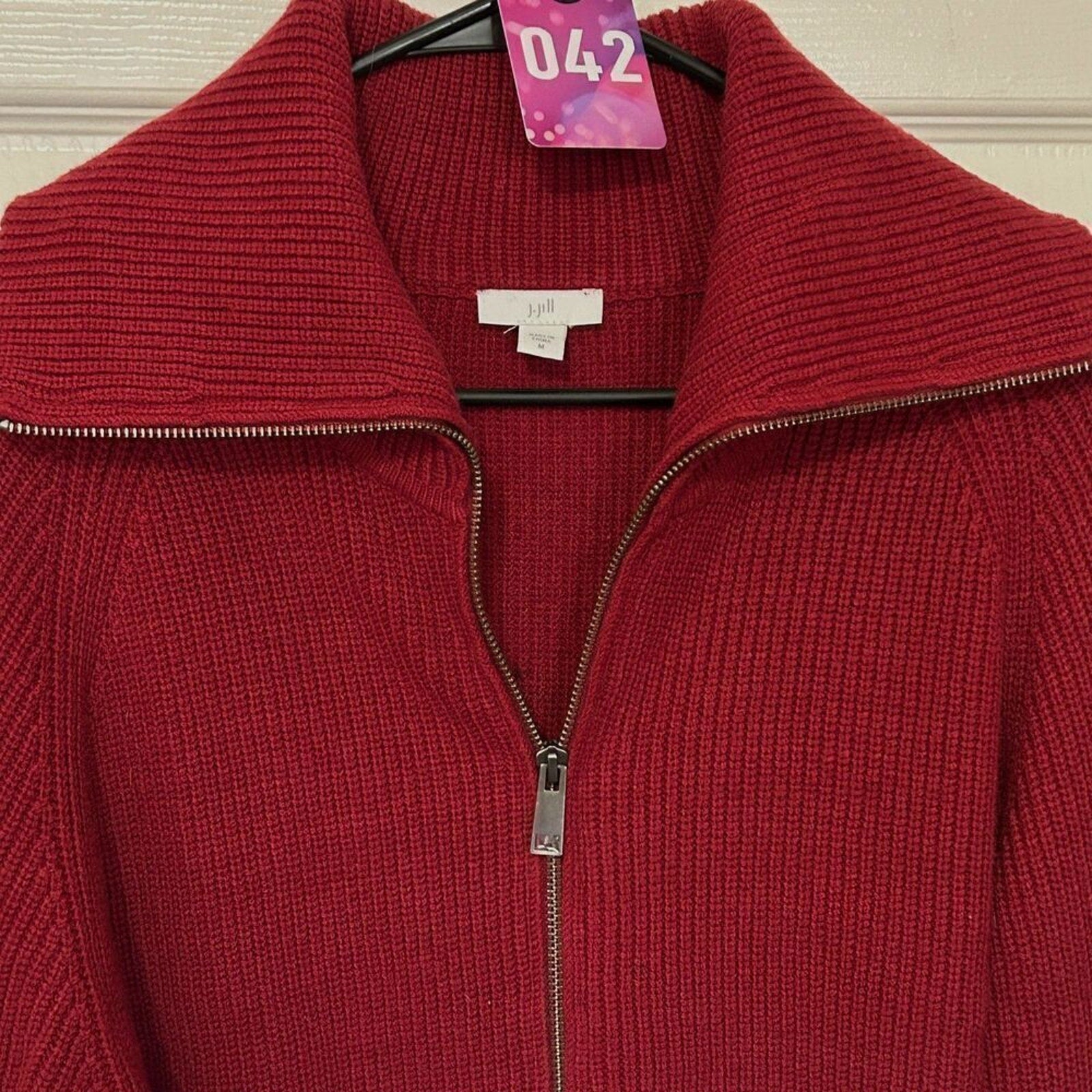 J.Jill Garnet Red Ribbed Knit Stretch Full Zip Sweater Jacket Sz. M,