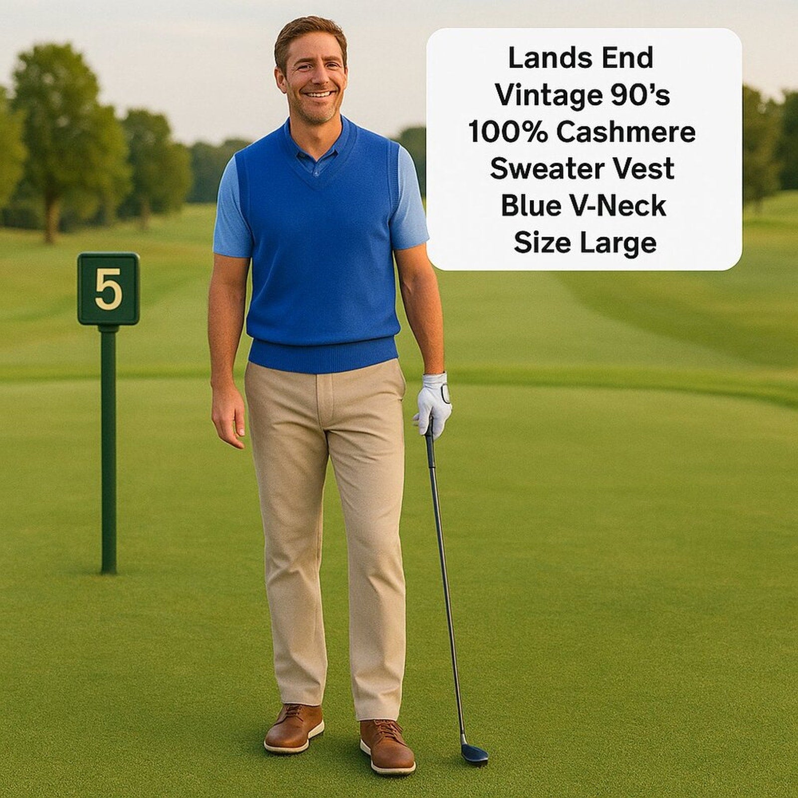 Lands End Vintage 90's 100% Cashmere Sweater Vest Blue V-Neck Golf