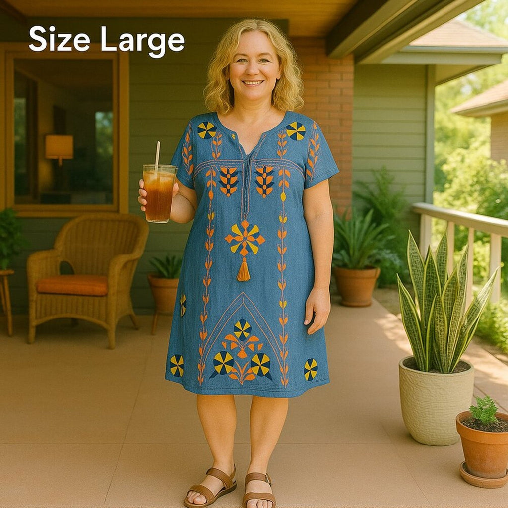 Lulalife Women’s Dress Size L — Cotton Blue Embroidered Floral Short Sleeve