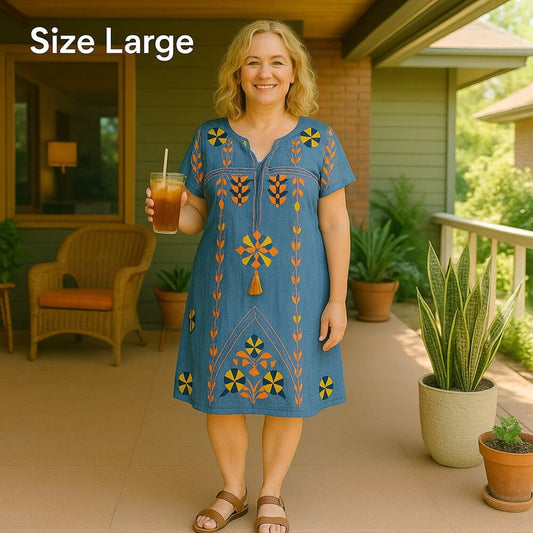 Lulalife Women's Dress Size L, Cotton Blue Embroidered Floral Short Sleeve #SH