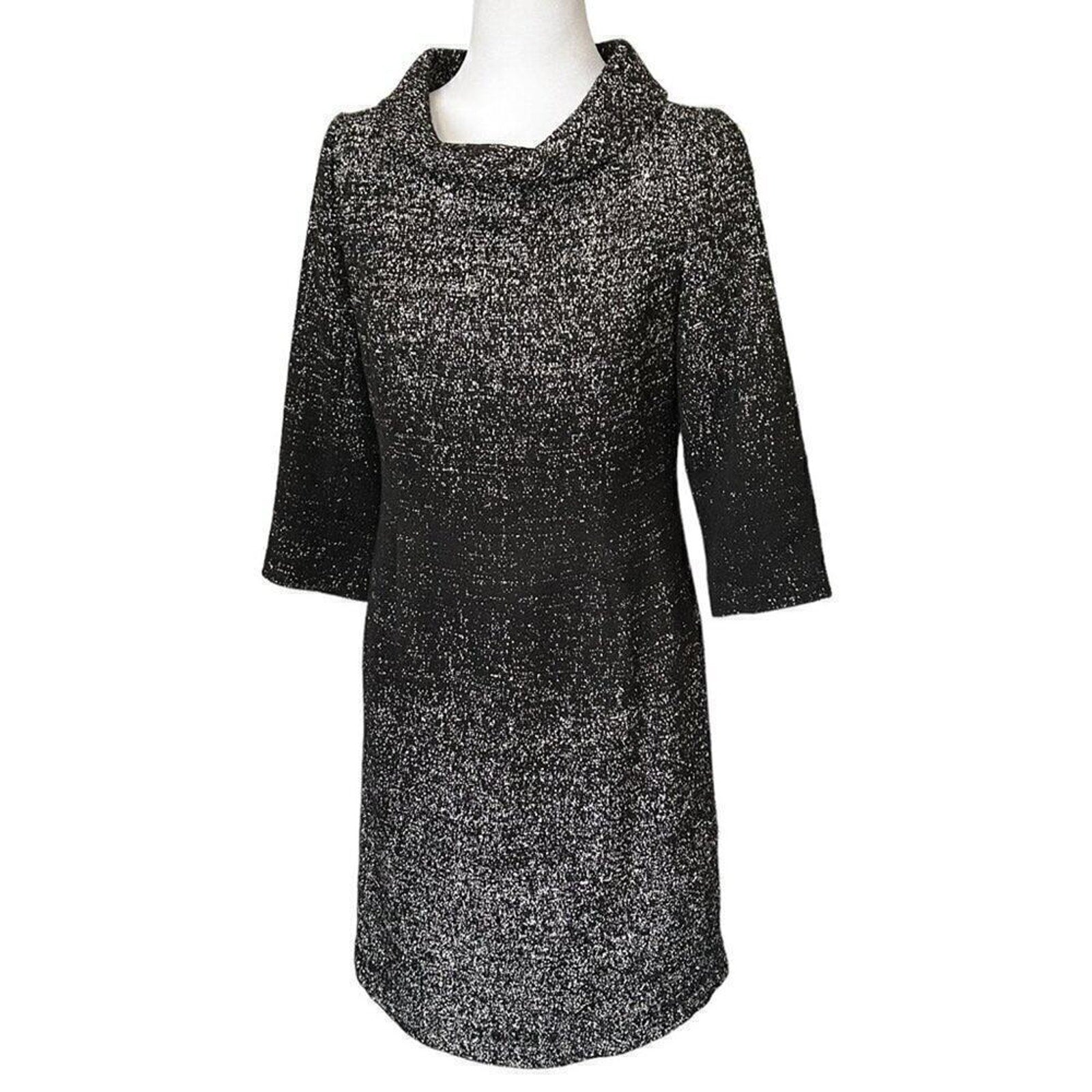 Teri Jon by Rickie Freeman Tweed Wool Sheath Dress – Size 4, Cowl Neck, Black & White