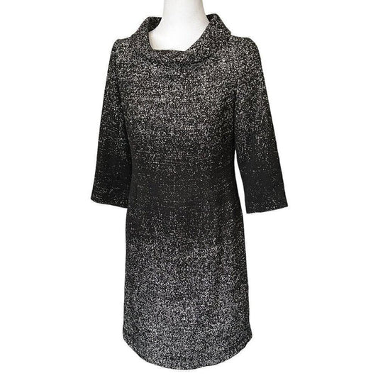 Teri Jon Rickie Freeman Women's Dress (4) Black White Mid Sheath Tweed Wool Cowl