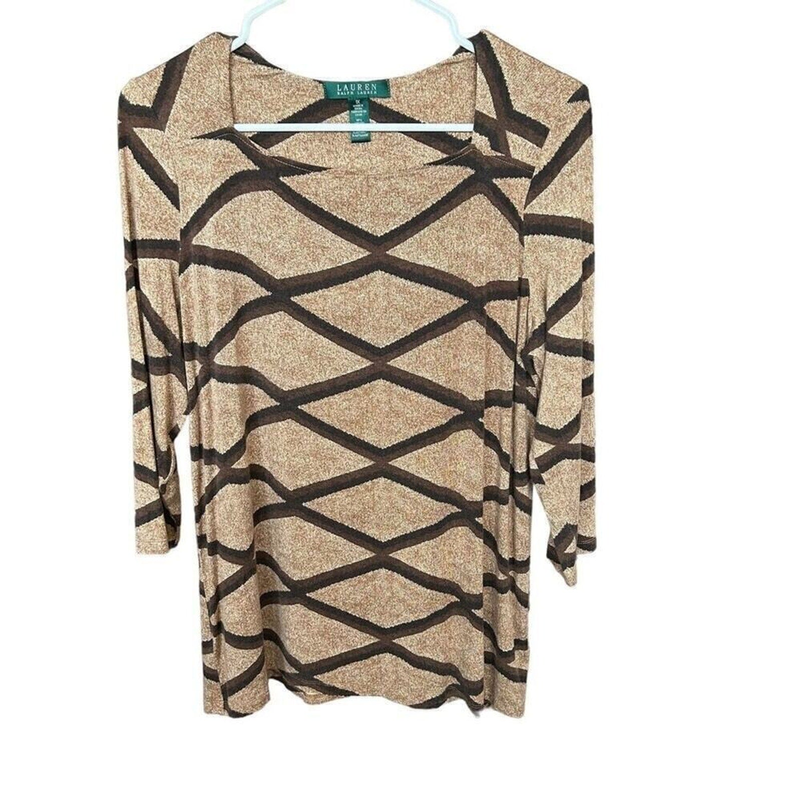 Lauren - Ralph Lauren Blouse Women's Size (L), Brown Geometric, 3/4 Sleeve #1109