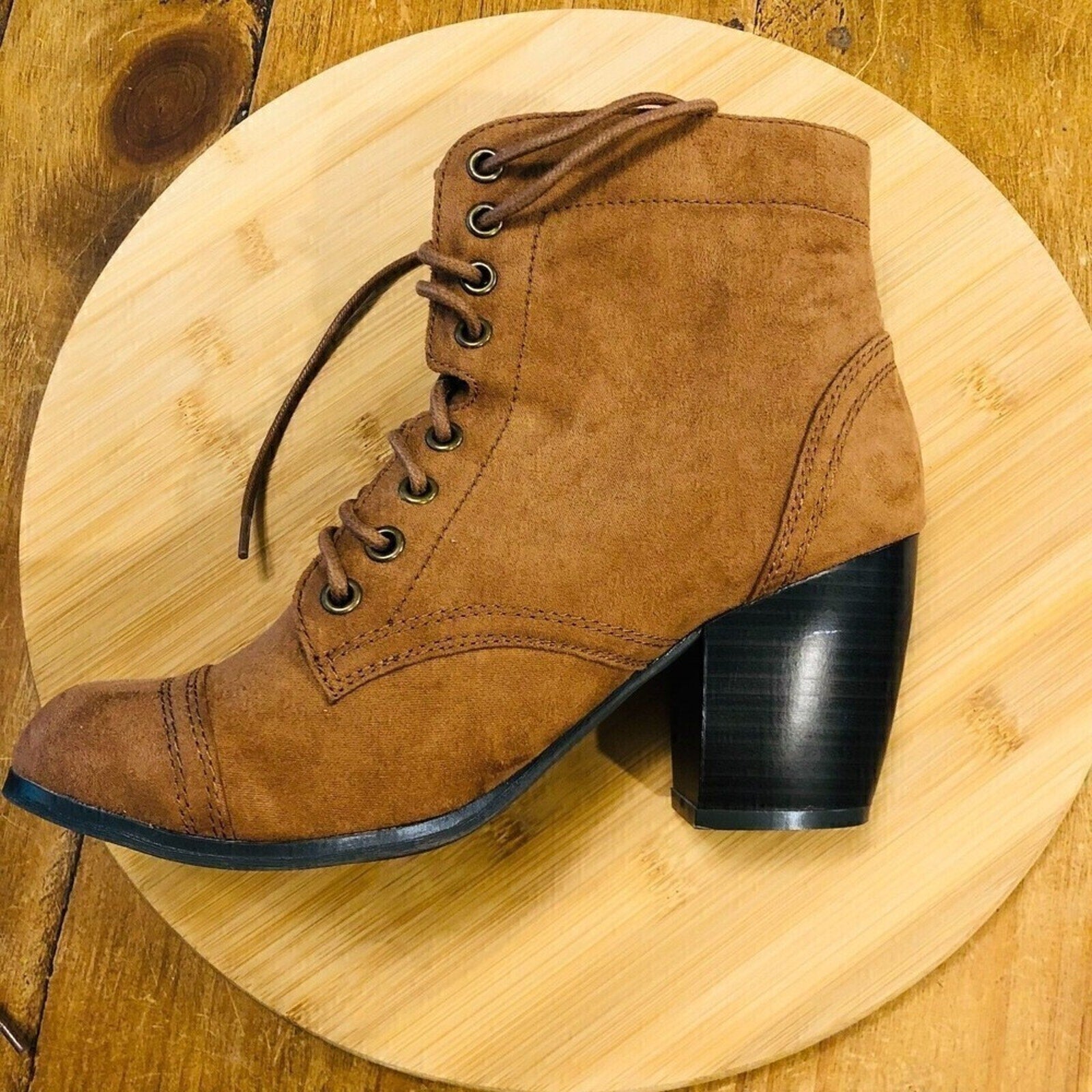 C & R Women’s Faux Suede Lace‑Up Ankle Bootie — Brown, Size 8, 3" Heel #S4
