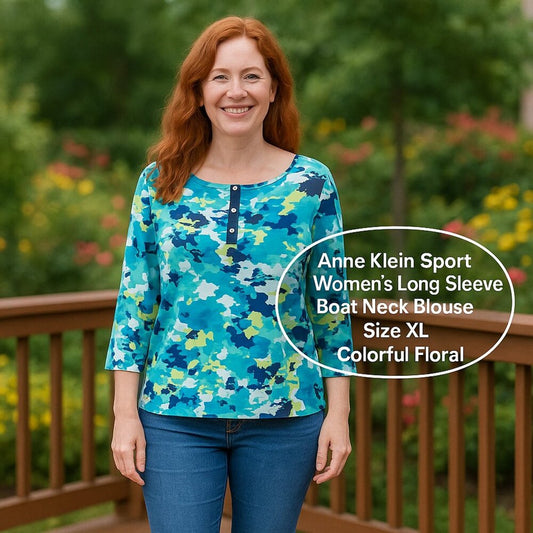 Anne Klein Sport long‑sleeve boat‑neck blouse XL colorful floral