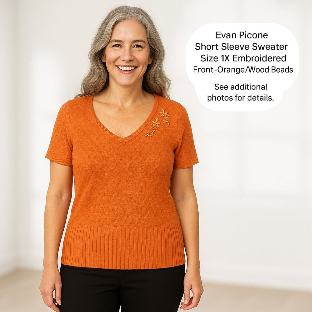 Evan Picone Short Sleeve Sweater Size 1X Embroidered Front-Orange/Wood Beads