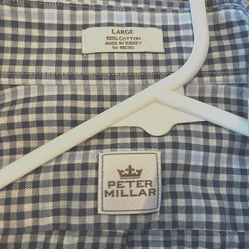 PETER MILLAR Mens (LG.) Button Down Shirt, Long Sleeve, Plaid Blue, Cotton #1145