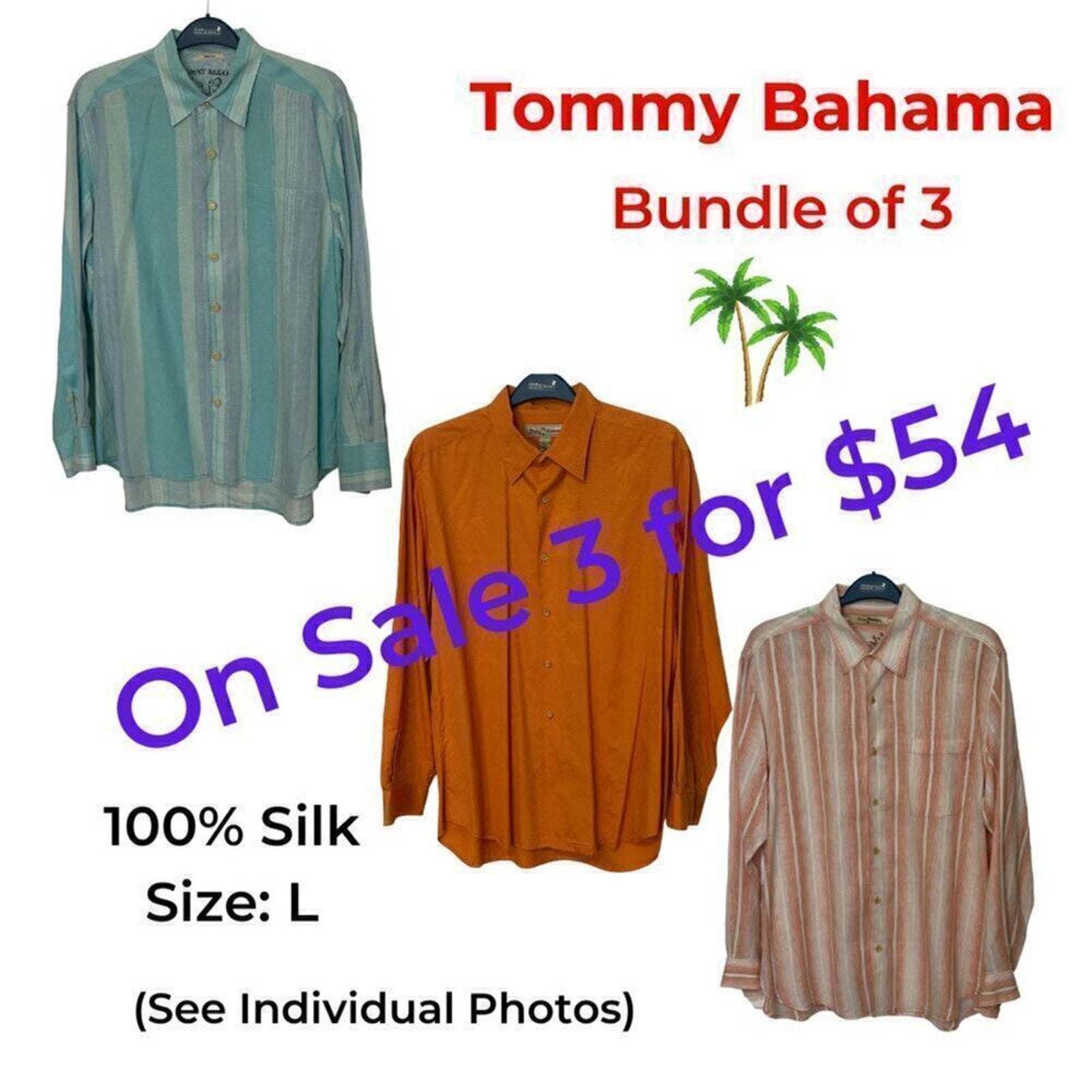 Tommy Bahama Men's Long Sleeve Size L Cotton & Linen Shirts Bundle of 3