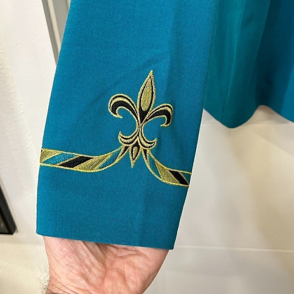 Bob Mackie Wearable Art Womens Sz XL Turquoise Blue Fleur De Lis Embroidery  #SH