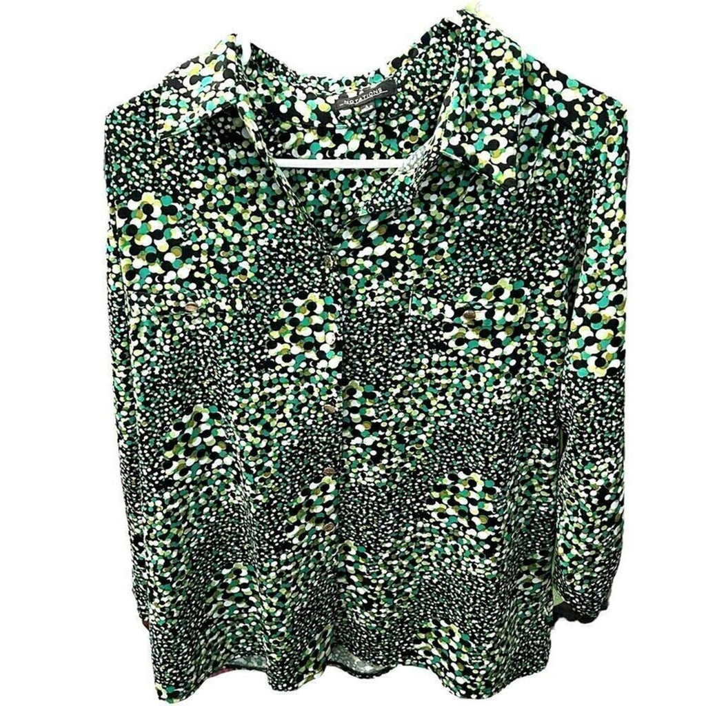 Notations Women's Blouse Size L Polka Dot Gn. Yel. Blk., Silver Buttons #K1294