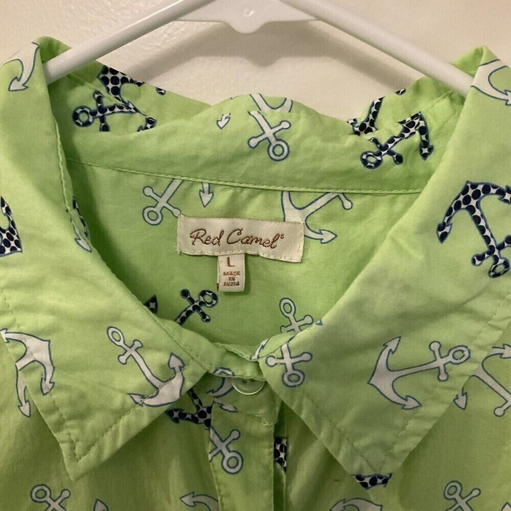 Red Camel Women's Blouse Green Anchor Pocket Collared Long Sleeve Button Up Sz L