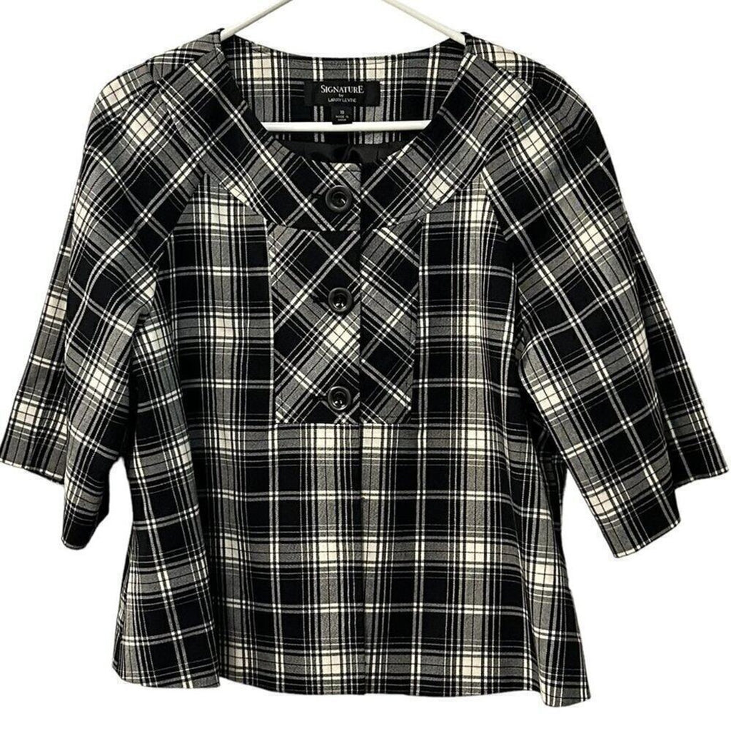 Signature by Larry Levine Women's Size 18 Black White Plaid 3/4 Jacket #BH