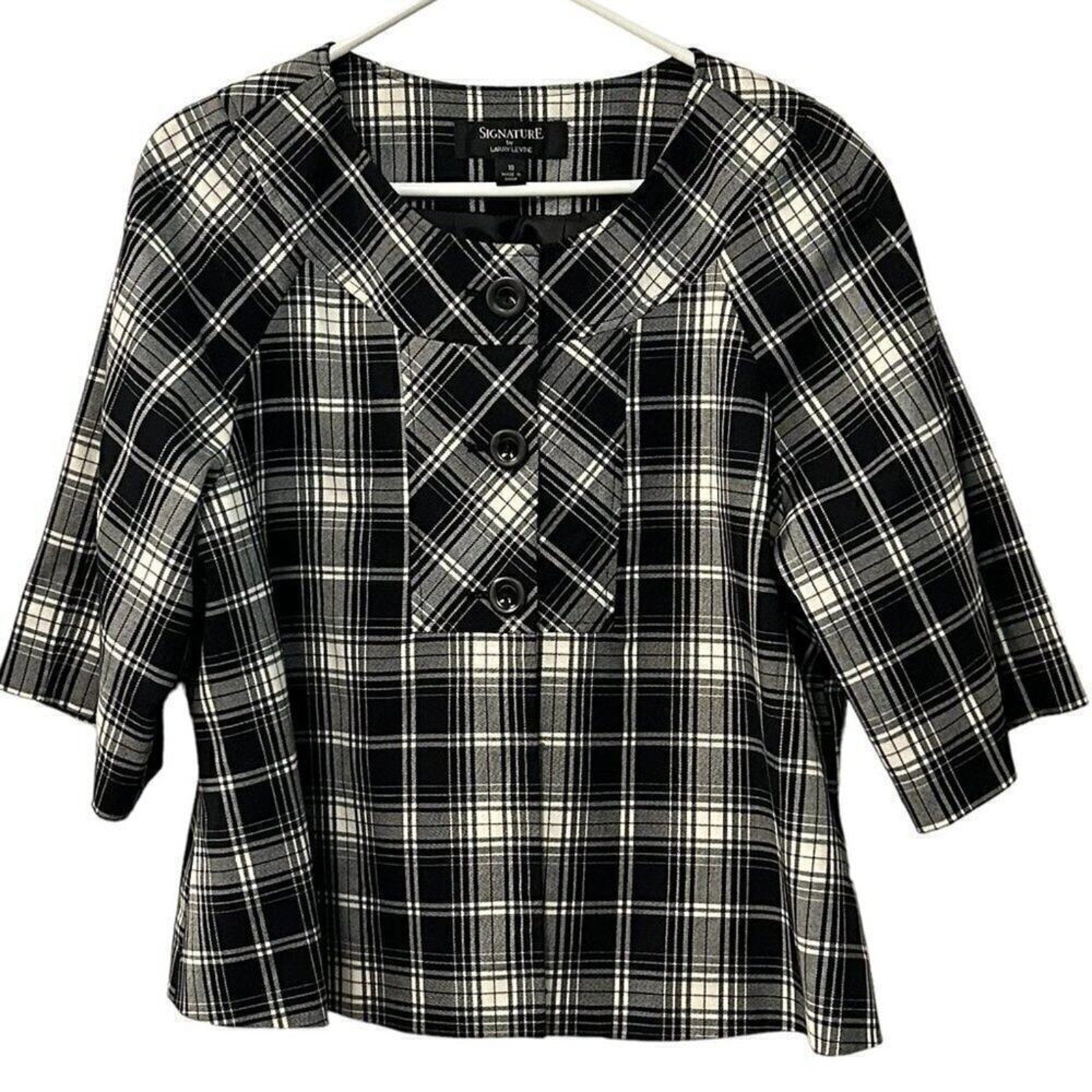 Signature by Larry Levine Women's Size 18 Black White Plaid 3/4 Jacket #BH