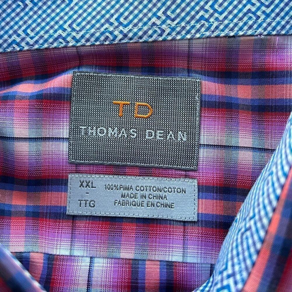 Thomas Dean TD Men's Shirt Button Up Size XXL Plaid Collar Cuffs Designer  #B145