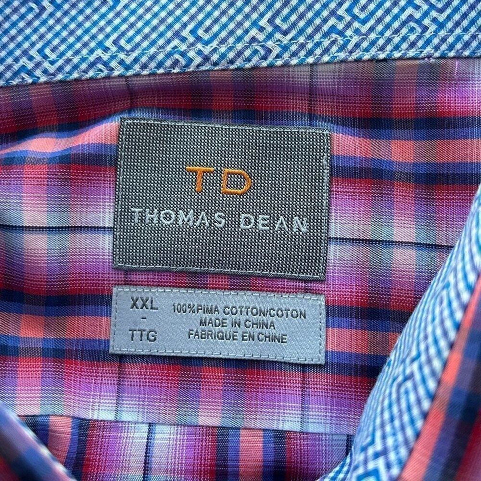 Thomas Dean TD Men's Shirt Button Up Size XXL Plaid Collar Cuffs Designer  #B145