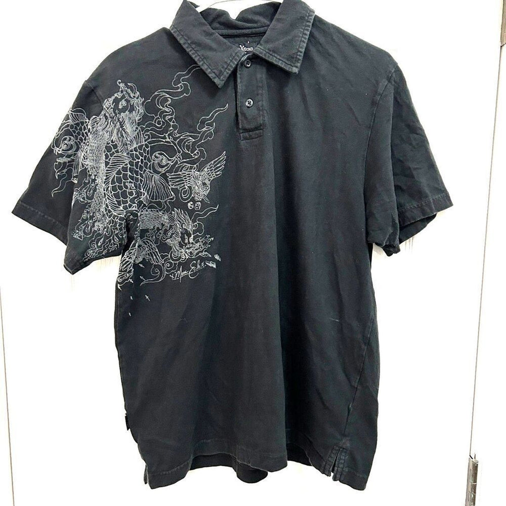 Marc Ecko Super Cool Affliction Black Polo Collar Shirt Size M 100% Cotton