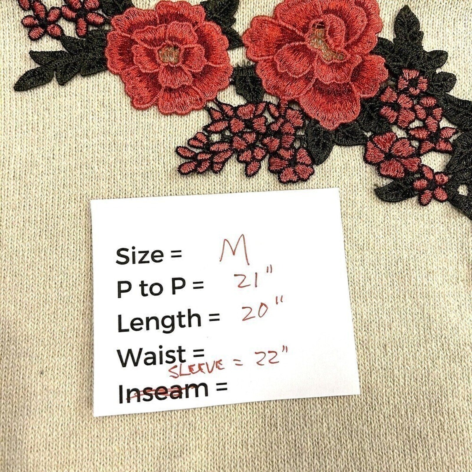 Woven Heart Women's Sweater, Embroidered Floral, Sz. M, Ruffle Sleeve, #1126