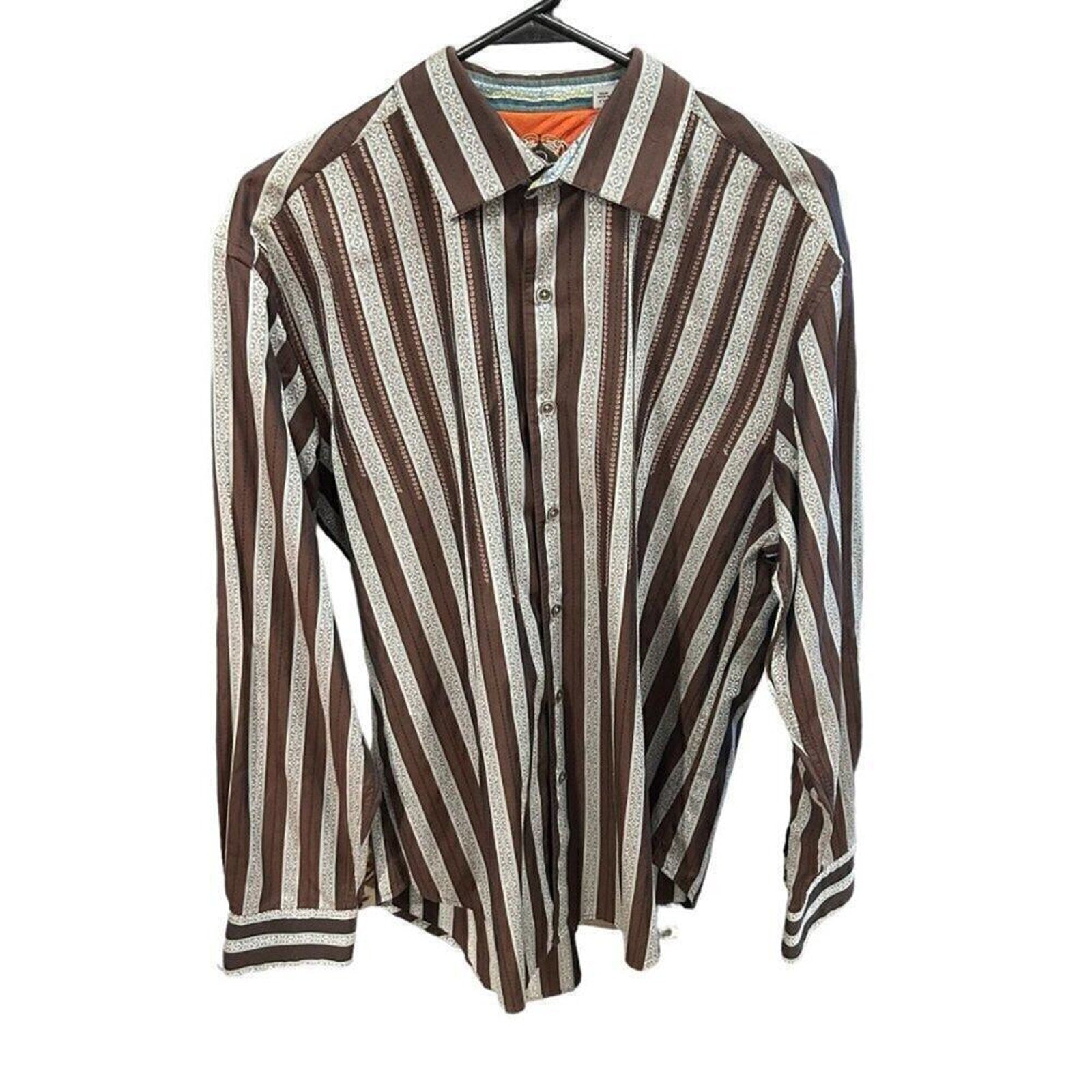 Robert Graham Mens Shirt Sz XL Striped Embroidered Rev.Cuffs Collar Stays #M1398