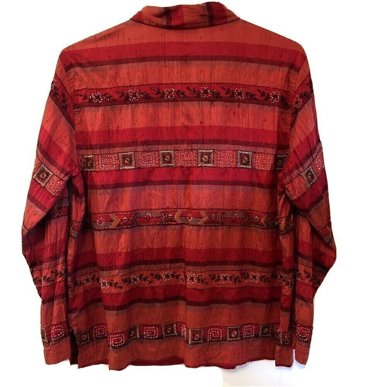 Chico’s Design Silk Embroidered Beaded Striped Top L