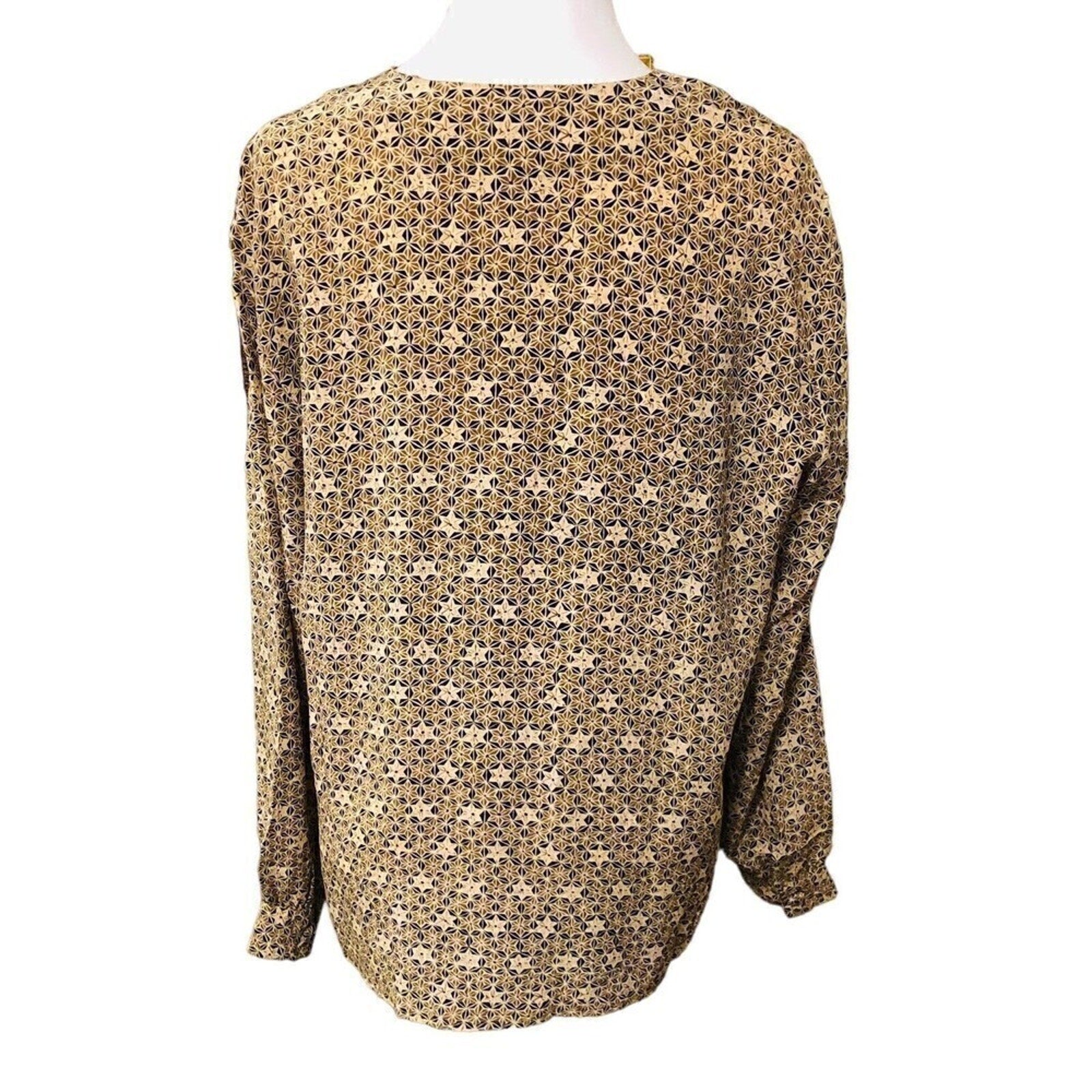 TESS Women's Vtg 100% Silk Black Brown Geo Print Button Blouse Size ( 10 )