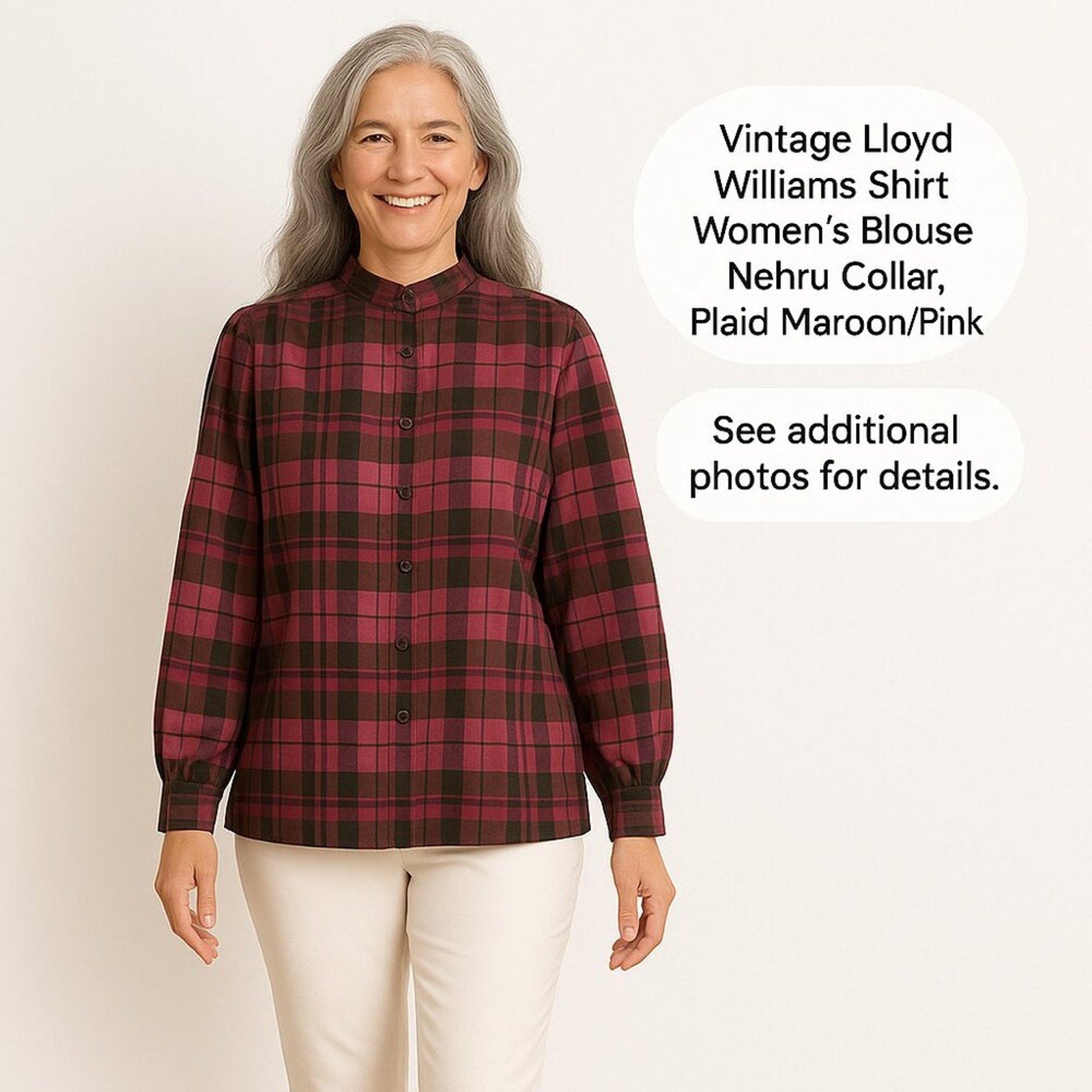 Vintage Lloyd Williams Shirt Women's Blouse Nehru Collar, Plaid Maroon/Pink