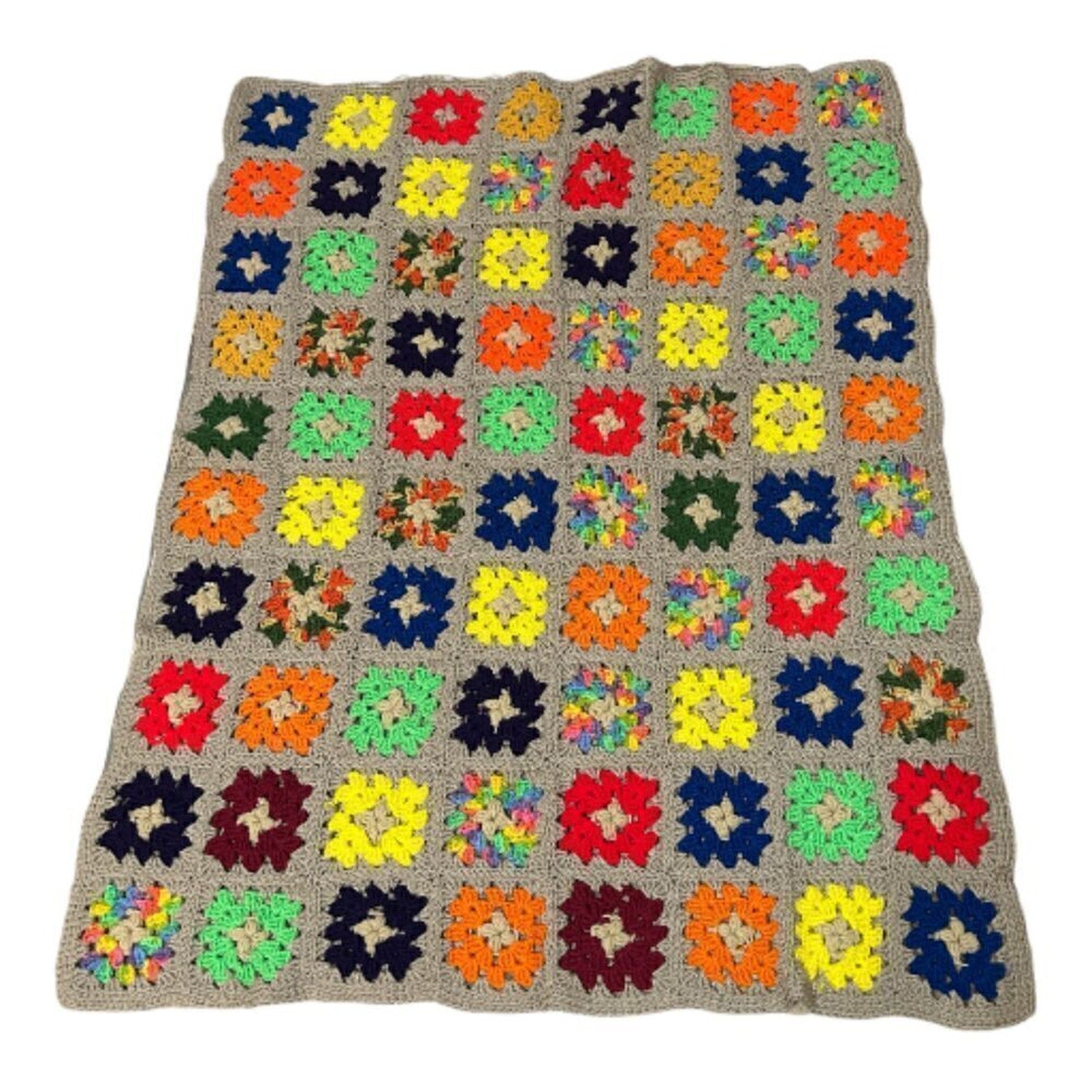Vintage Handmade Granny Afghan Throw Blanket 48"x 37" Grannycore Tan