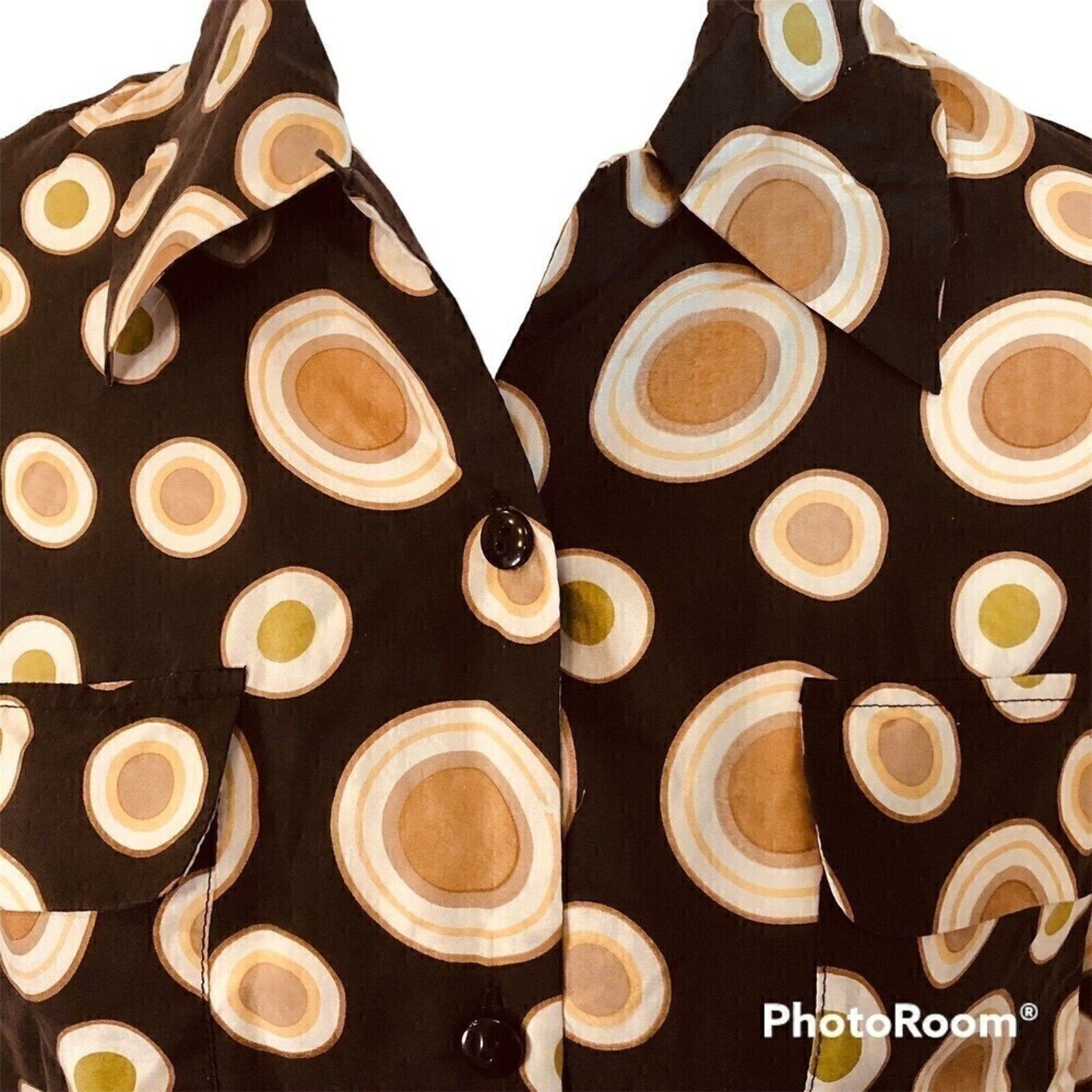 Vintage Cezar 100% Silk Circles Printed Buttoned Long Sleeve Blouse Size S/M