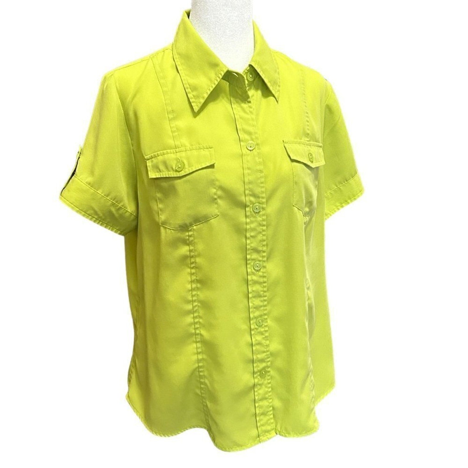 Joanna Women's Blouse Size L, Lime Green Top Short Sleeve #B1465
