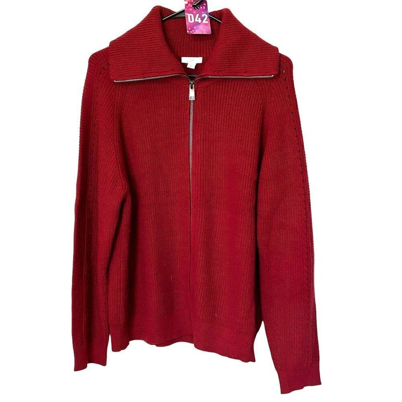 J.Jill Garnet Red Ribbed Knit Stretch Full Zip Sweater Jacket Sz. M,