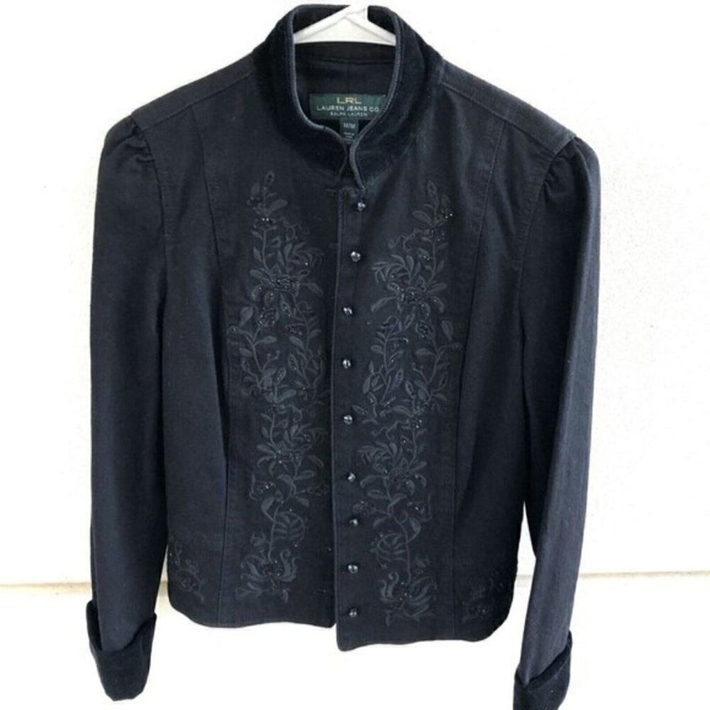 Lauren by Ralph Lauren Black Denim & Velvet Cuff Jacket, Button front Sz: M #BH