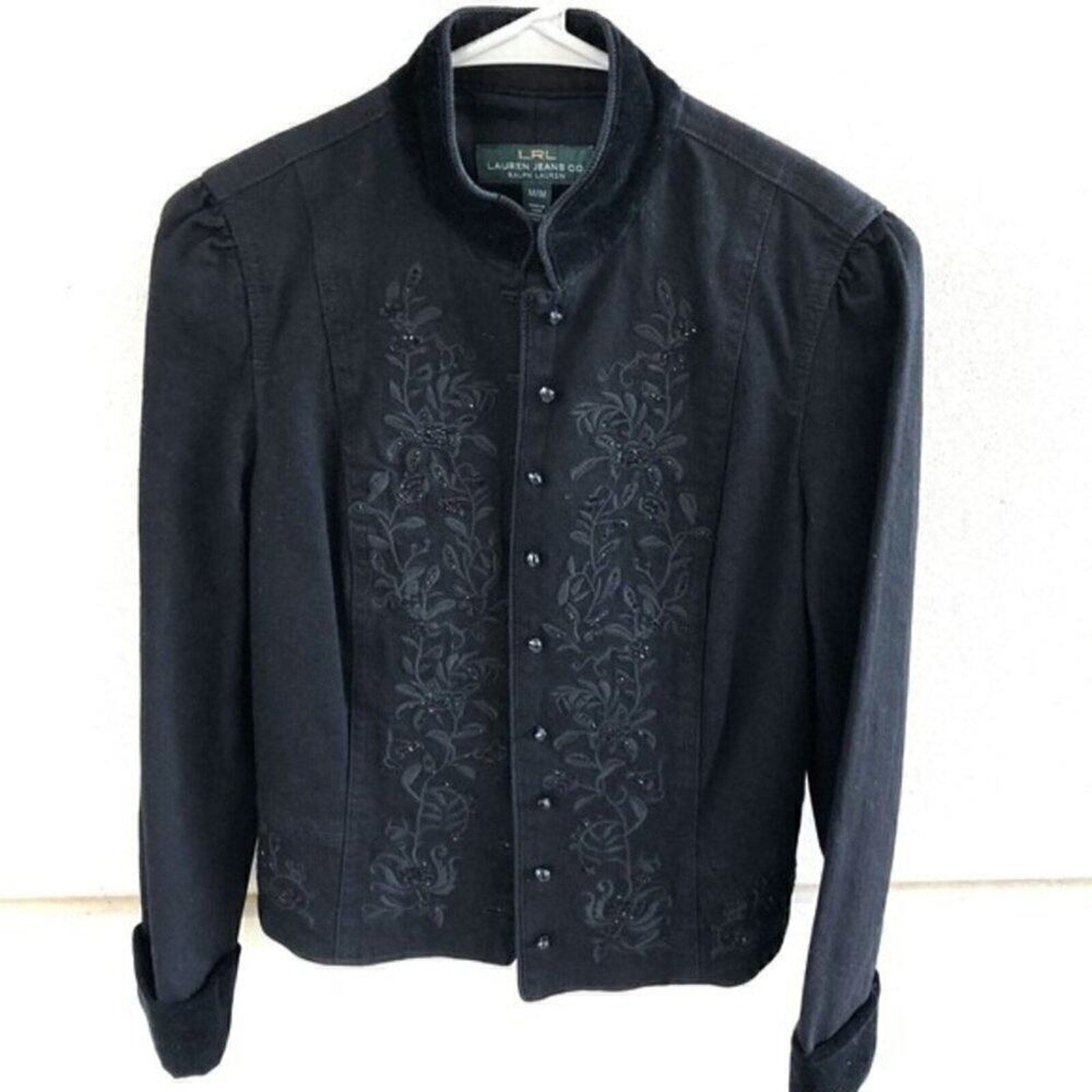 Lauren by Ralph Lauren Black Denim & Velvet Cuff Jacket, Button front Sz: M #BH