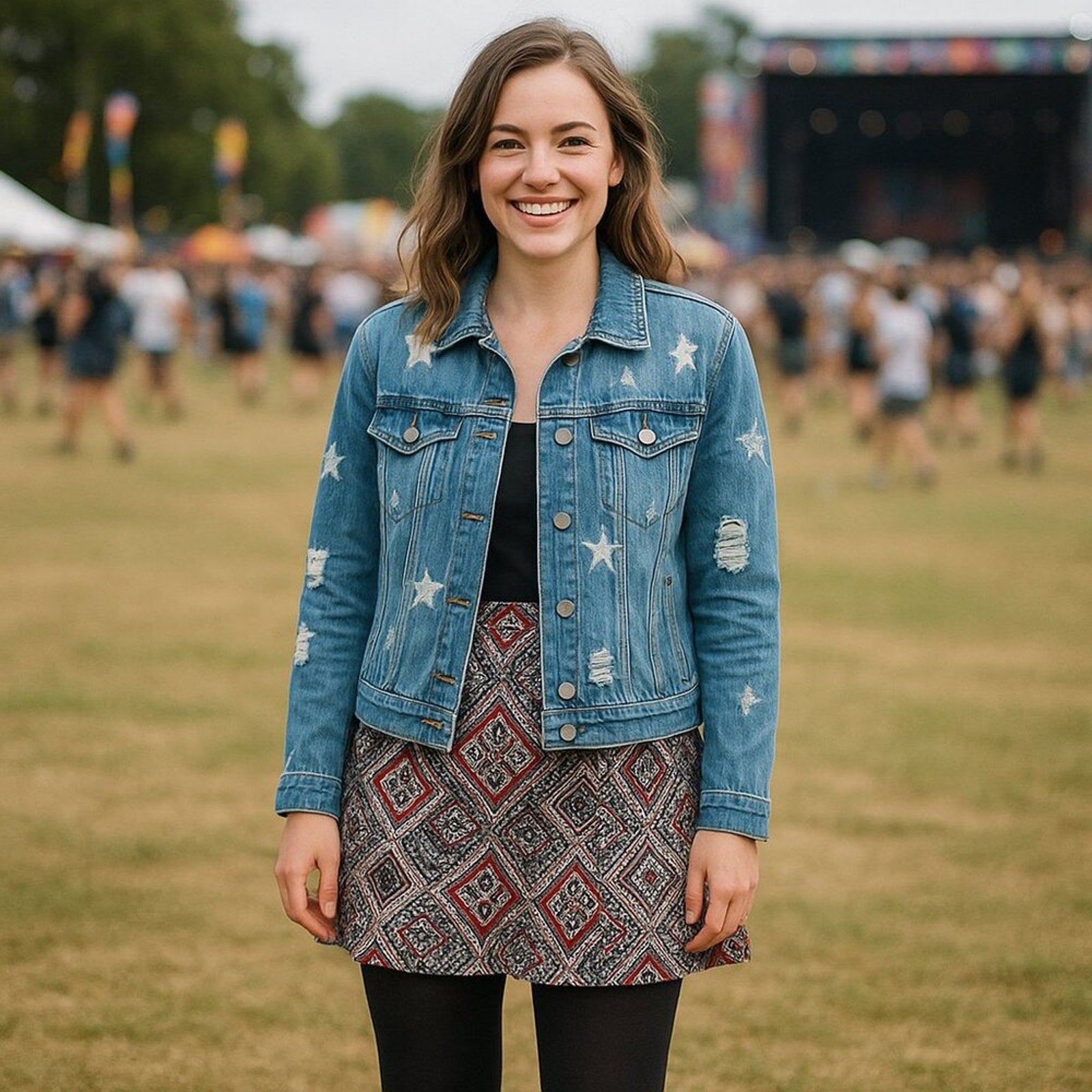 Style Me Distressed Denim Jacket Women's Size ( S ), Embroidered Stars #BH