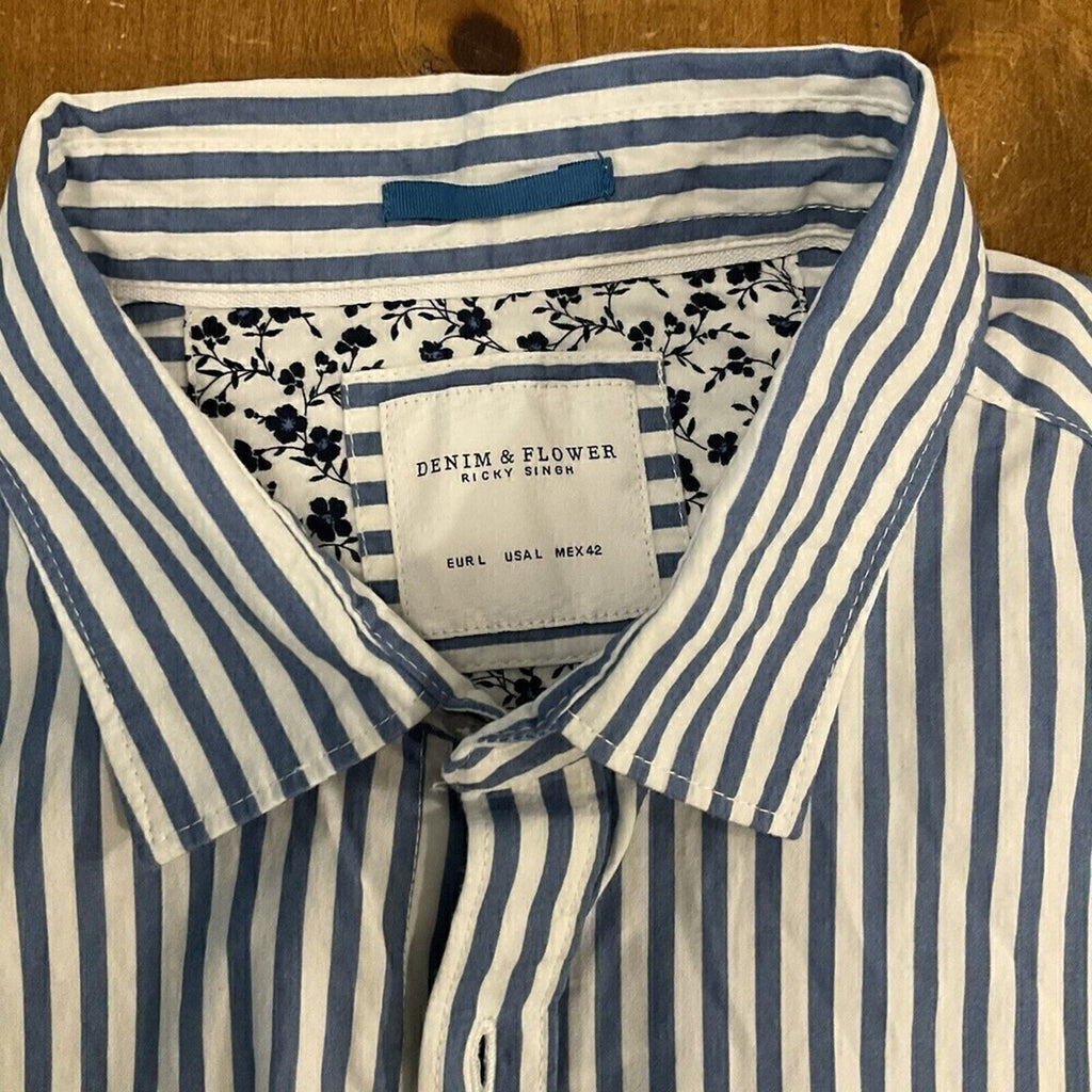 Denim & Flower Womens Casual Stripe Blouse Size L, Short Sleeve #1088 See Photos