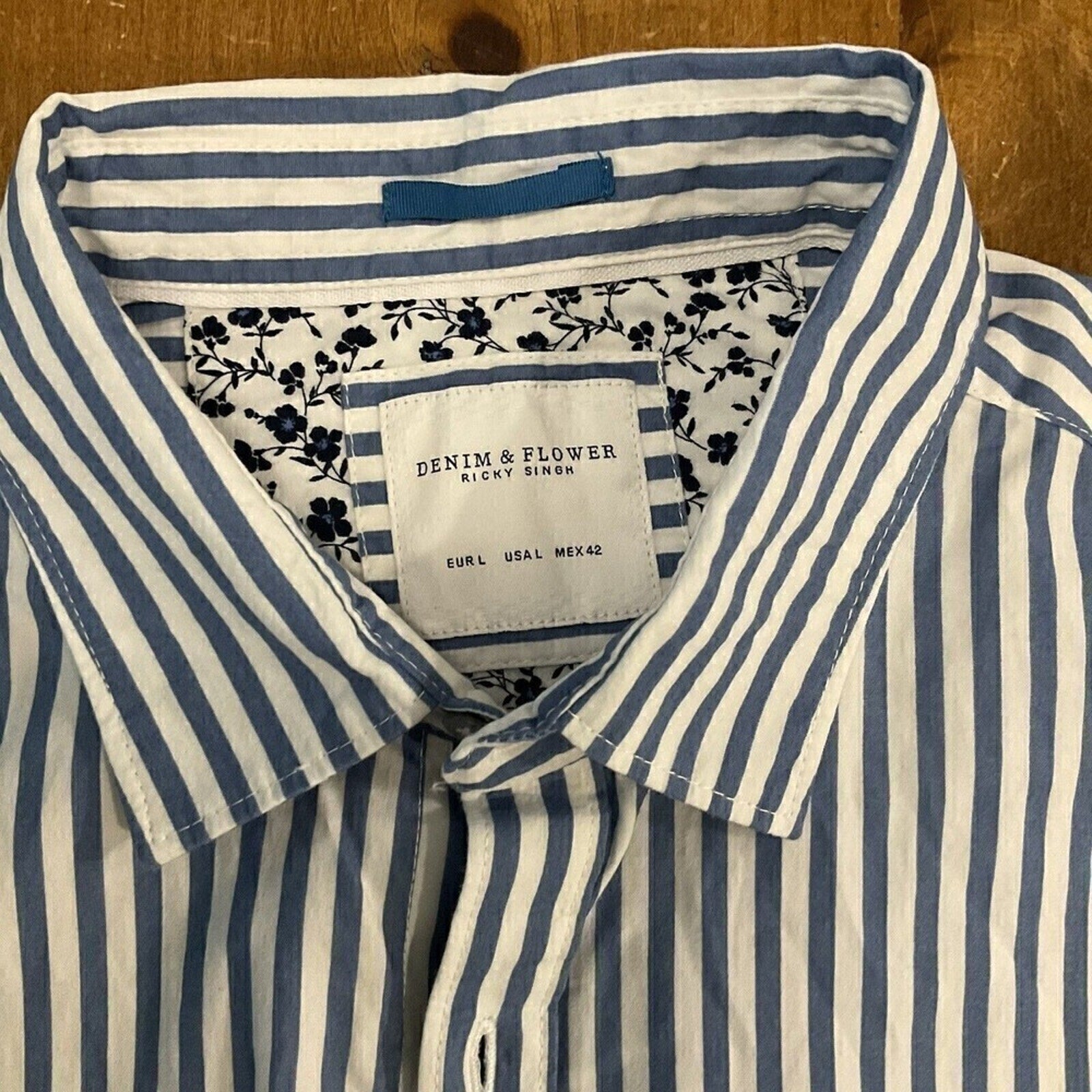 Denim & Flower Womens Casual Stripe Blouse Size L, Short Sleeve #1088 See Photos