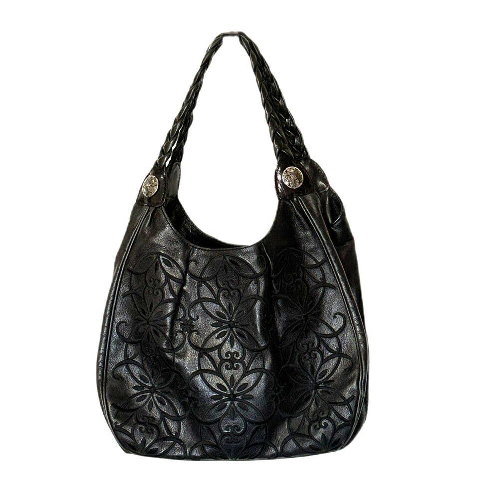 Brighton Masterpiece Leather Black Florencia Embroidered Floral Purse Bag