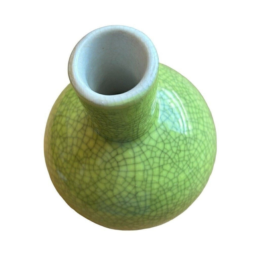 Vintage Chinese Apple Chartreuse Glaze Crackle Ceramic 5" Vase