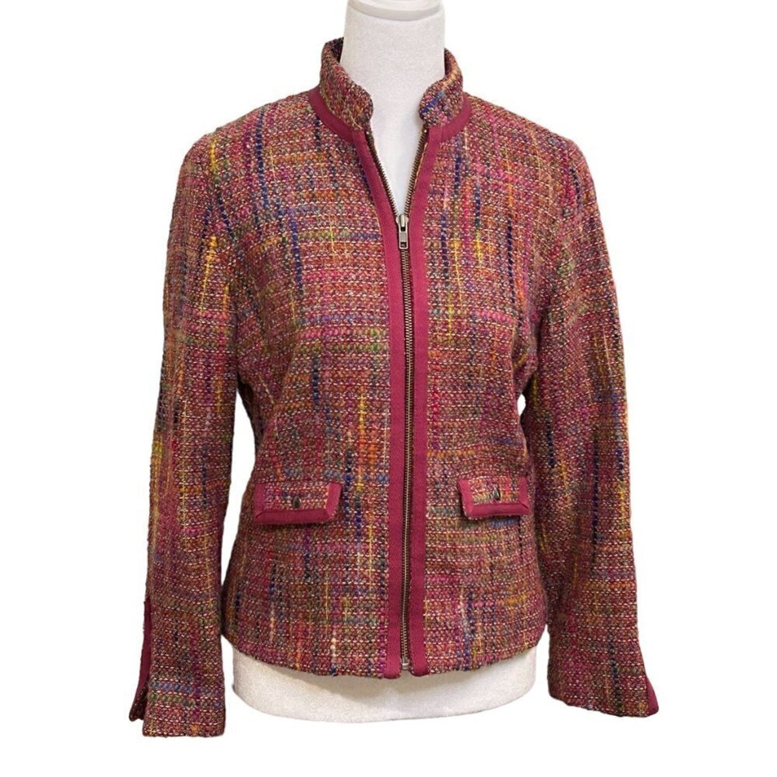 Garnet Hill Womens Jacket Blazer Wool Blend Zip Size S-M Tweed Multi-Color #BH