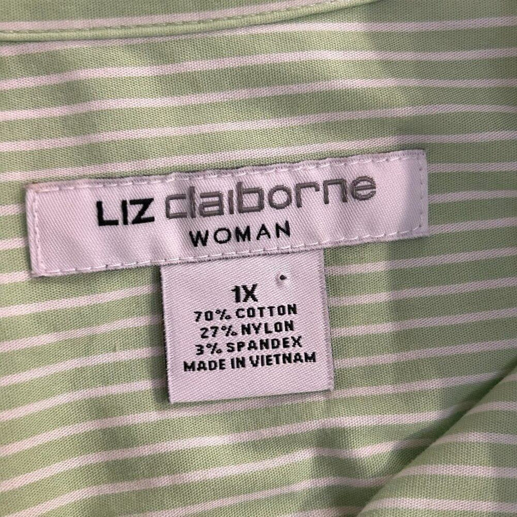 Liz Claiborne Womens Cotton Blend Shirt Blouse Size 1X Green Button Up #BH
