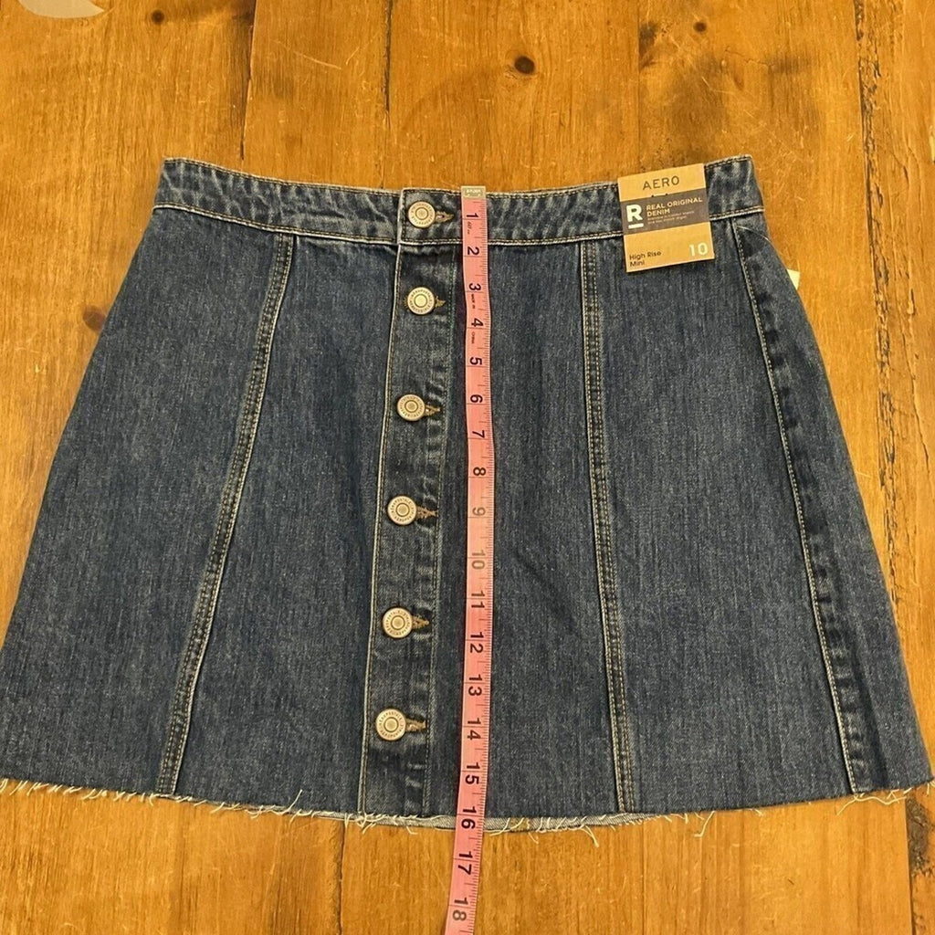 Aéropostale High-Rise Mini Frayed Denim Skirt – Size 10, Button-Front, Dark Blue #G1035