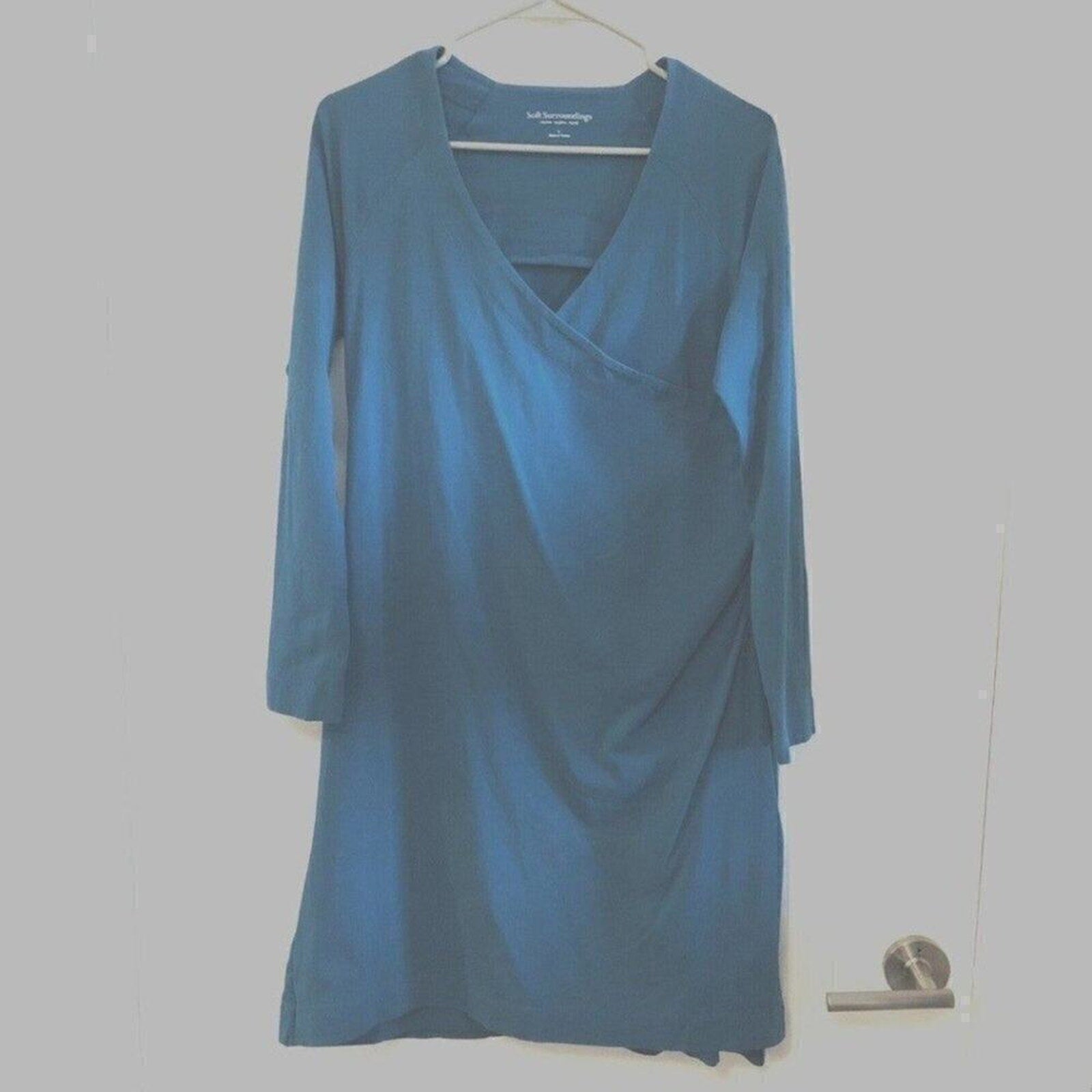 Soft Surroundings Size L Ruched Midi Dress | Teal‑Green‑Blue Cotton Blend