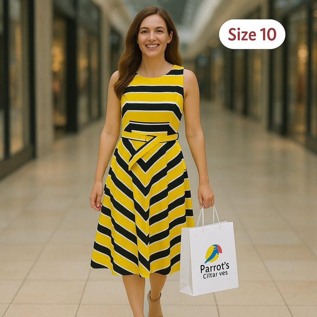 Phase 7 Efficient Profession Dress – Bold Yellow/Black/White Stripe – Size 10 Sleeveless