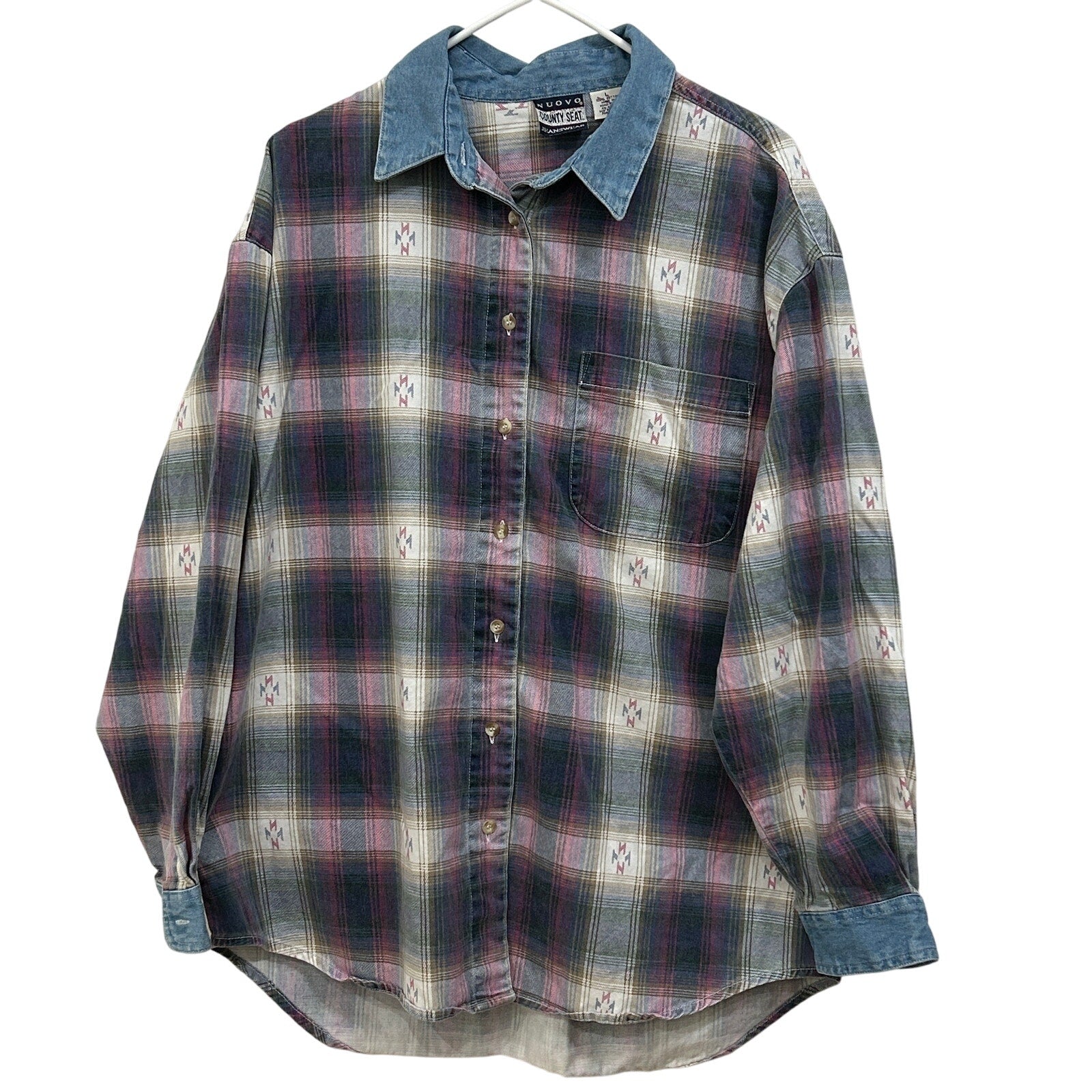 Nuovo County Seat Plaid Button Down Shirt Men’s Size L – Denim Collar