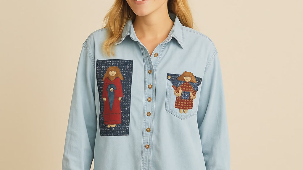 Bonjour Women’s Denim Patchwork Shirt M – Angel Appliqué